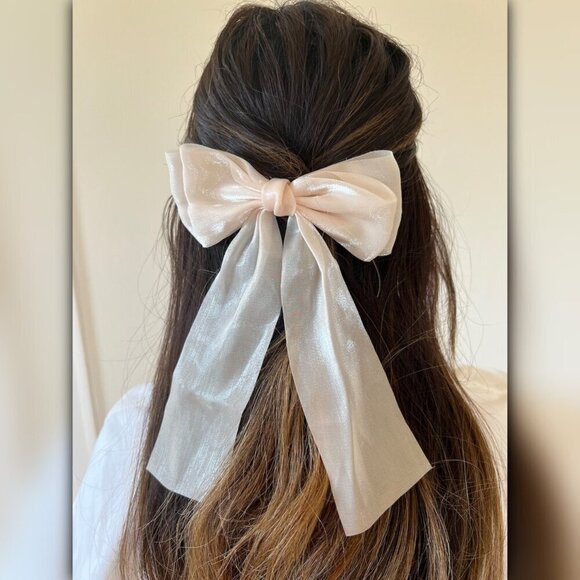 Solar Eclipse Beige Organza Hair Bow Barrette - Picture 8 of 11